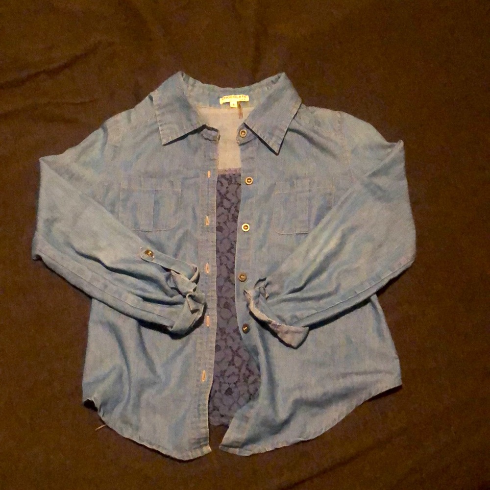Denim style button down shirt with sheer lace back